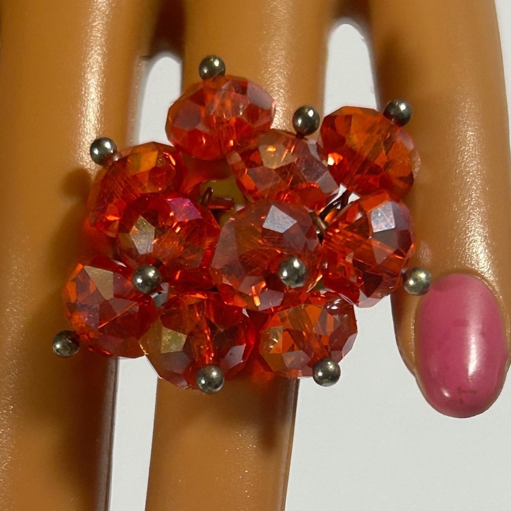 Vintage Y2K Orange Beaded Cluster Statement Ring Adjustable Silver Tone Band